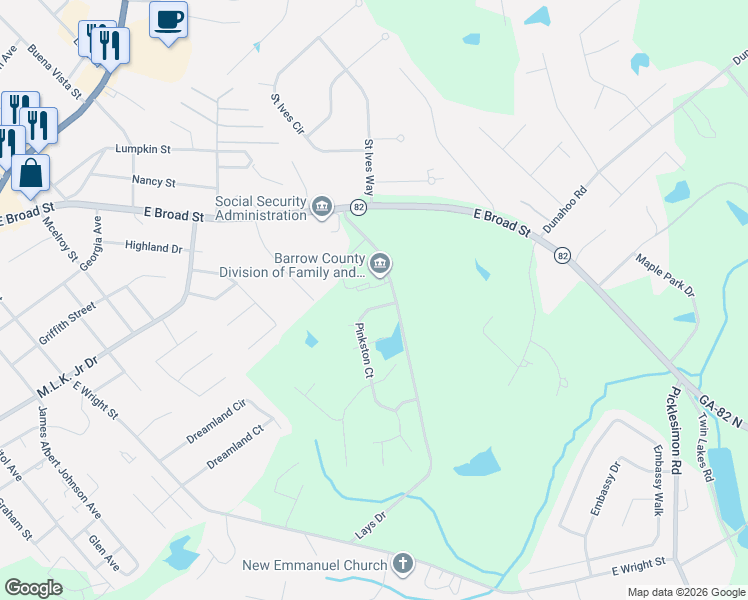 map of restaurants, bars, coffee shops, grocery stores, and more near 105 Pinkston Court in Winder