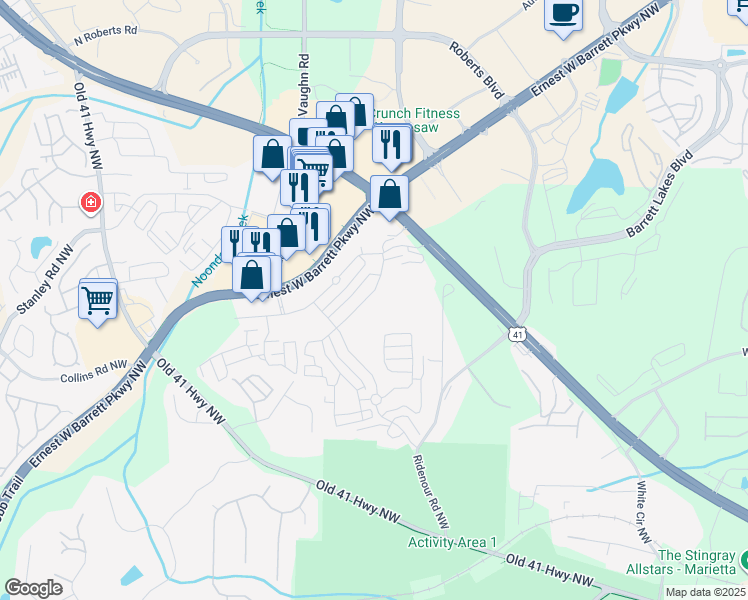 map of restaurants, bars, coffee shops, grocery stores, and more near 1723 Oak Brook Lane Northwest in Kennesaw