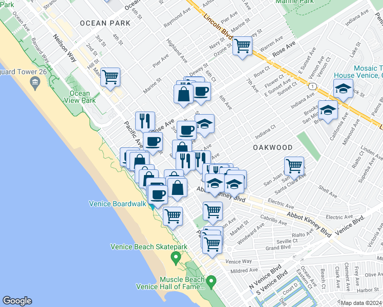 map of restaurants, bars, coffee shops, grocery stores, and more near 325 Vernon Avenue in Los Angeles
