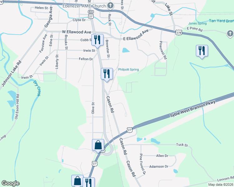 map of restaurants, bars, coffee shops, grocery stores, and more near 117 Cason Road in Cedartown