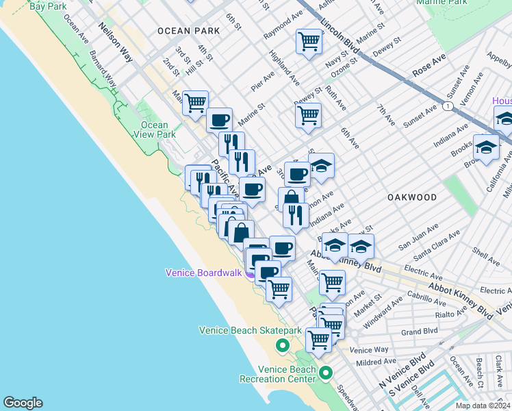 map of restaurants, bars, coffee shops, grocery stores, and more near 119 Paloma Avenue in Los Angeles