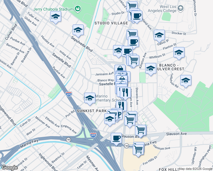 map of restaurants, bars, coffee shops, grocery stores, and more near 11202 Patom Drive in Culver City