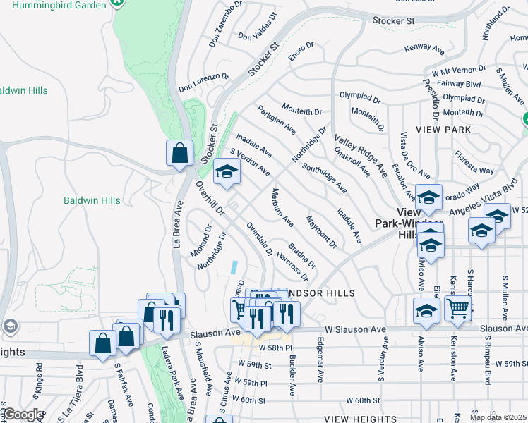 map of restaurants, bars, coffee shops, grocery stores, and more near 5126 Marvale Drive in View Park-Windsor Hills