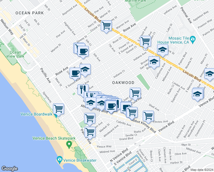 map of restaurants, bars, coffee shops, grocery stores, and more near Brooks Avenue in Los Angeles