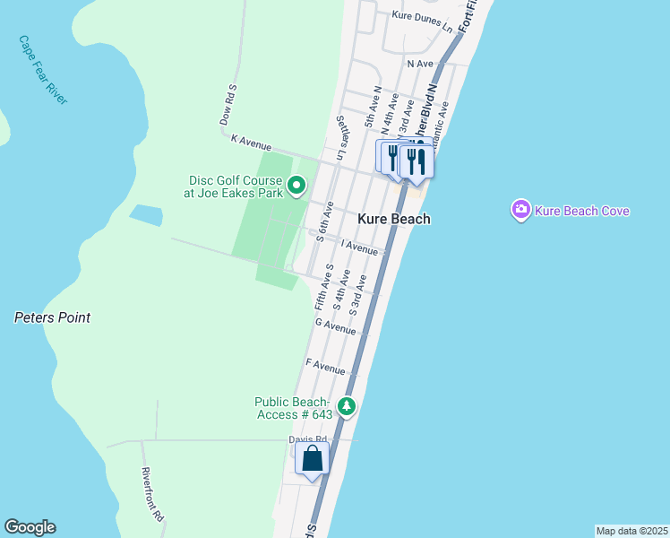 map of restaurants, bars, coffee shops, grocery stores, and more near 406 H Avenue in Kure Beach