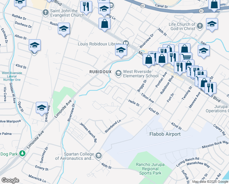 map of restaurants, bars, coffee shops, grocery stores, and more near 4225 Mill Creek Street in Riverside