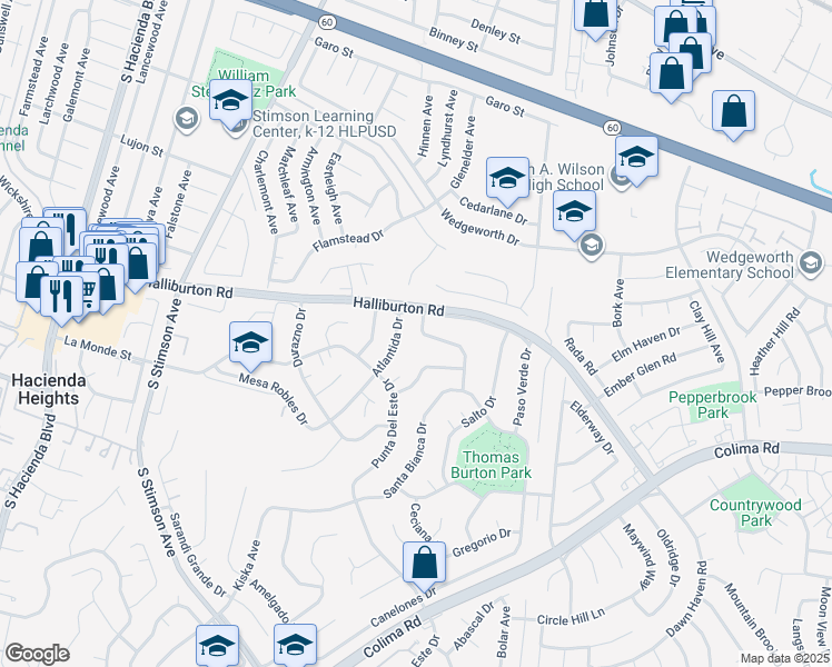 map of restaurants, bars, coffee shops, grocery stores, and more near 1937 Placentia Drive in Hacienda Heights