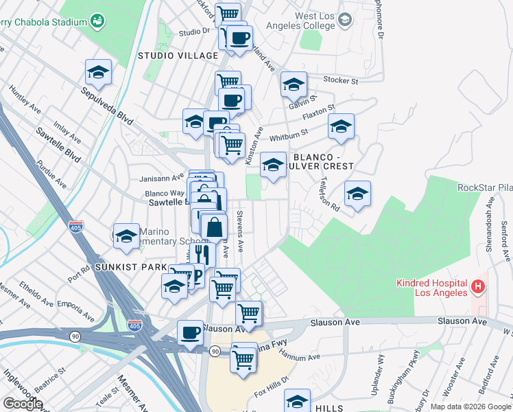 map of restaurants, bars, coffee shops, grocery stores, and more near 11210 Malat Way in Culver City