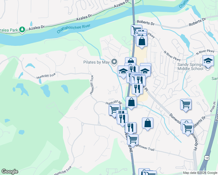 map of restaurants, bars, coffee shops, grocery stores, and more near 8740 Roswell Road in Sandy Springs