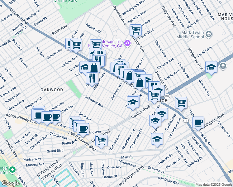 map of restaurants, bars, coffee shops, grocery stores, and more near 906 Superba Avenue in Los Angeles