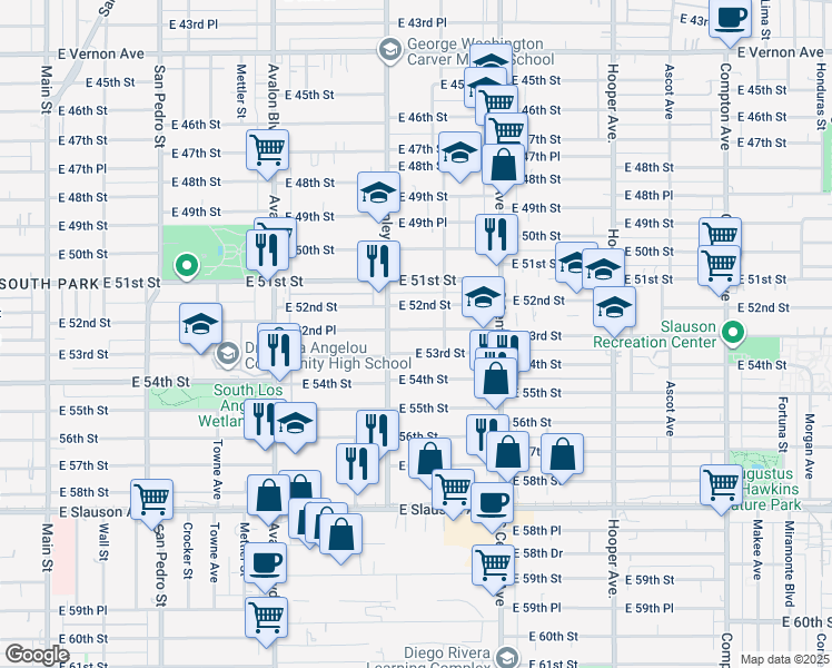 map of restaurants, bars, coffee shops, grocery stores, and more near 904 East 52nd Place in Los Angeles