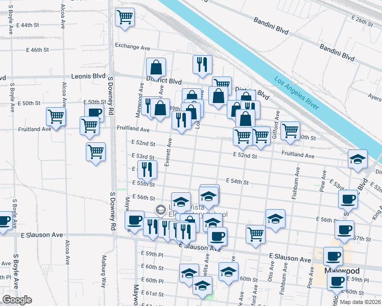 map of restaurants, bars, coffee shops, grocery stores, and more near 3643 East 53rd Street in Maywood