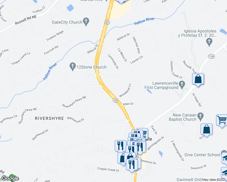 map of restaurants, bars, coffee shops, grocery stores, and more near 1175 Buford Drive in Lawrenceville