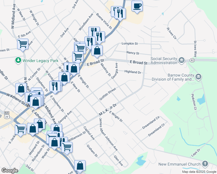 map of restaurants, bars, coffee shops, grocery stores, and more near 218 Griffith Street in Winder