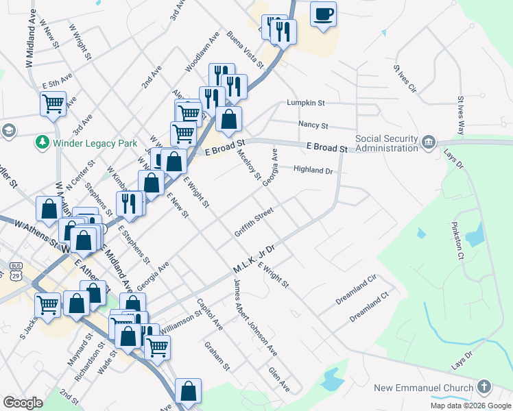 map of restaurants, bars, coffee shops, grocery stores, and more near 151 Russell Street in Winder
