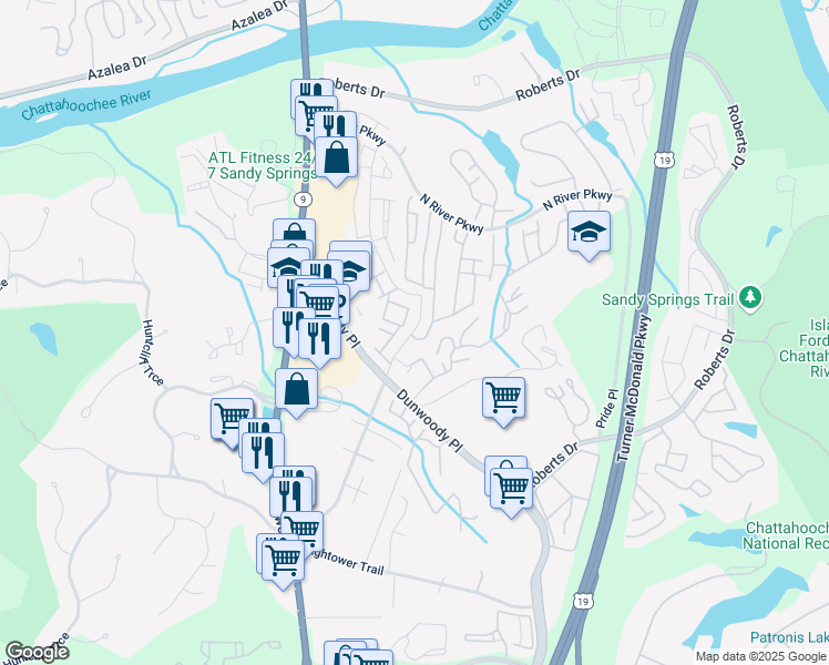 map of restaurants, bars, coffee shops, grocery stores, and more near 501 North River Drive in Sandy Springs