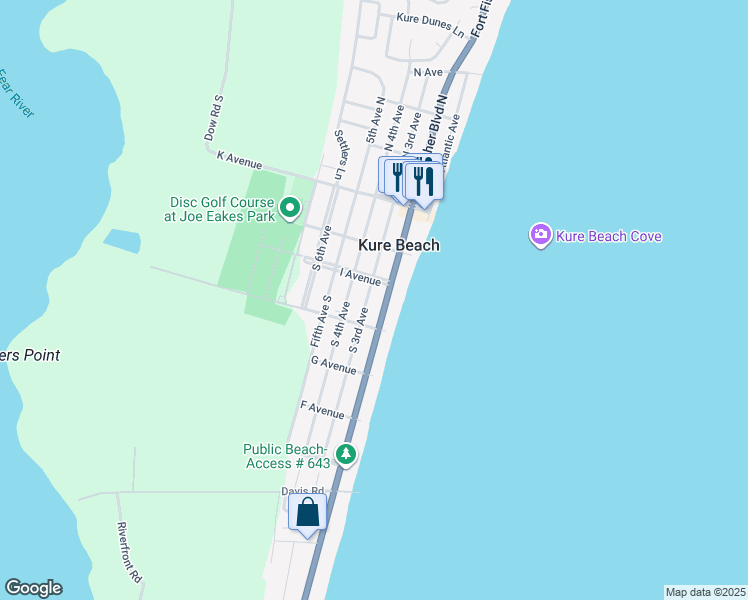 map of restaurants, bars, coffee shops, grocery stores, and more near 327 South 3rd Avenue in Kure Beach