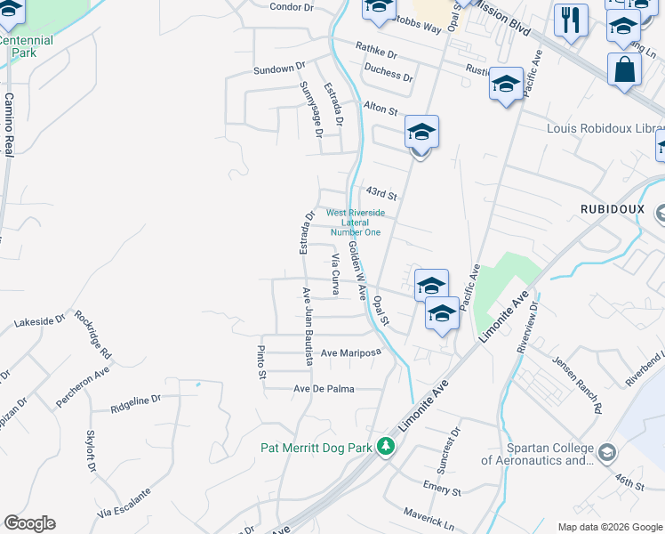 map of restaurants, bars, coffee shops, grocery stores, and more near 6485 45th Street in Riverside