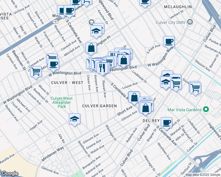 map of restaurants, bars, coffee shops, grocery stores, and more near 12449 Louise Avenue in Los Angeles