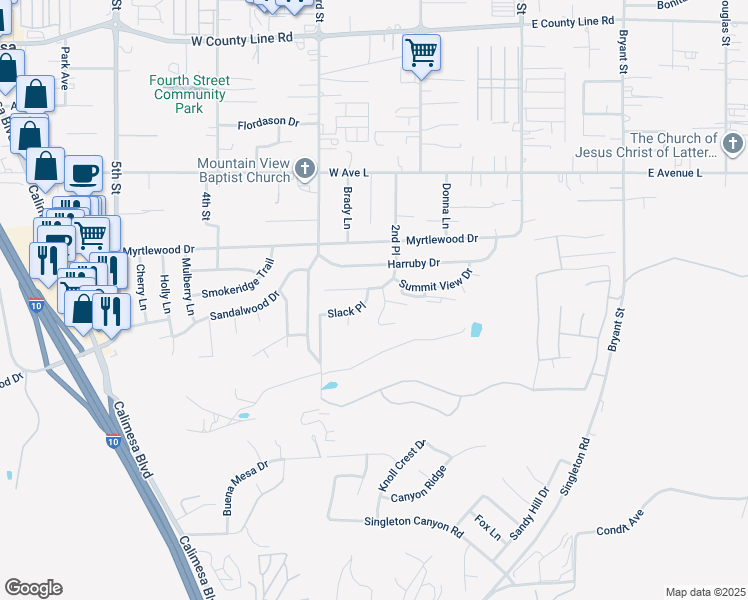 map of restaurants, bars, coffee shops, grocery stores, and more near Slack Place in Calimesa