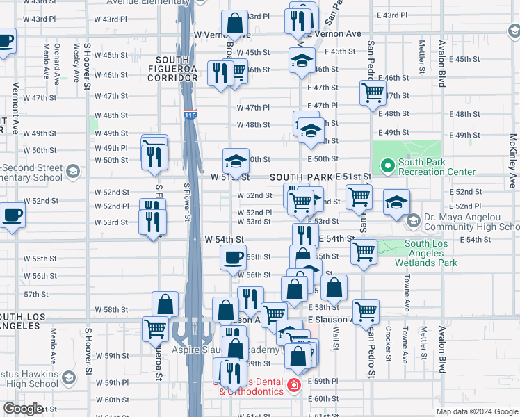 map of restaurants, bars, coffee shops, grocery stores, and more near 207 West 52nd Place in Los Angeles