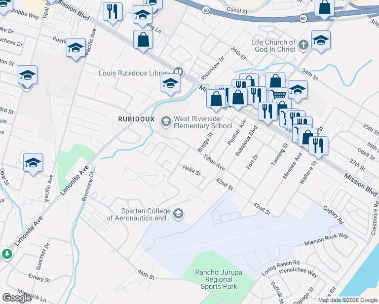 map of restaurants, bars, coffee shops, grocery stores, and more near 5734 Tilton Avenue in Riverside