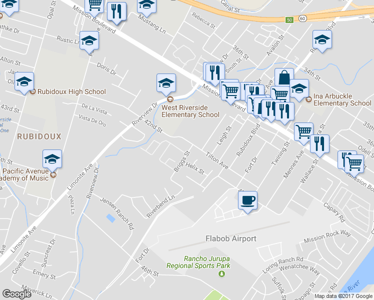 map of restaurants, bars, coffee shops, grocery stores, and more near 5746 Sky Meadow Street in Riverside