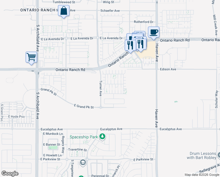 map of restaurants, bars, coffee shops, grocery stores, and more near 3202 East Yellowstone Drive in Ontario
