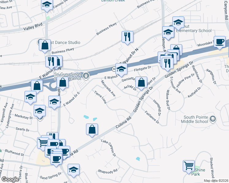 map of restaurants, bars, coffee shops, grocery stores, and more near 1183 Moscada Avenue in Walnut