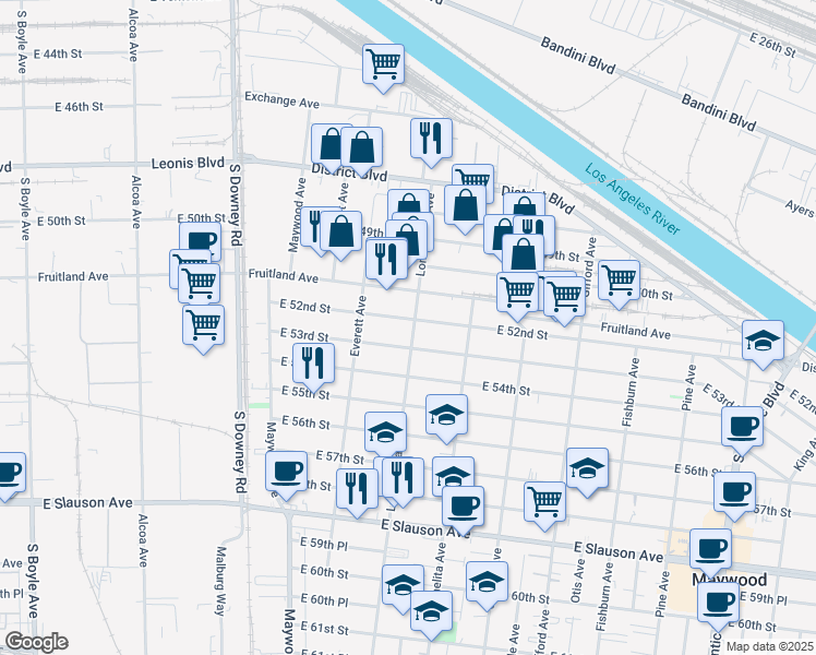 map of restaurants, bars, coffee shops, grocery stores, and more near 3643 East 53rd Street in Maywood