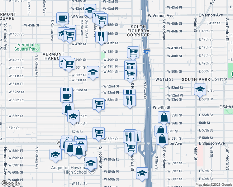 map of restaurants, bars, coffee shops, grocery stores, and more near 639 West 53rd Street in Los Angeles