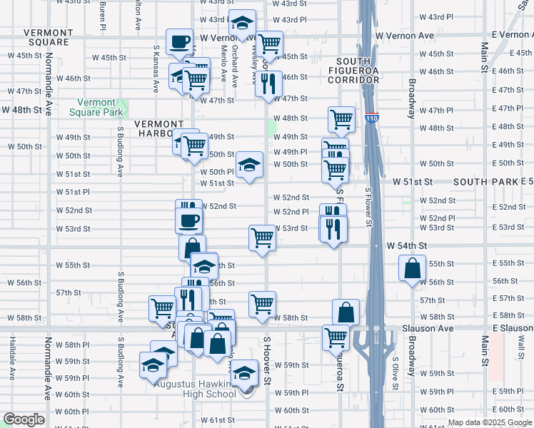map of restaurants, bars, coffee shops, grocery stores, and more near 5260 South Hoover Street in Los Angeles