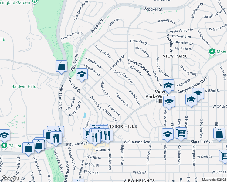 map of restaurants, bars, coffee shops, grocery stores, and more near 5216 Marburn Avenue in View Park-Windsor Hills