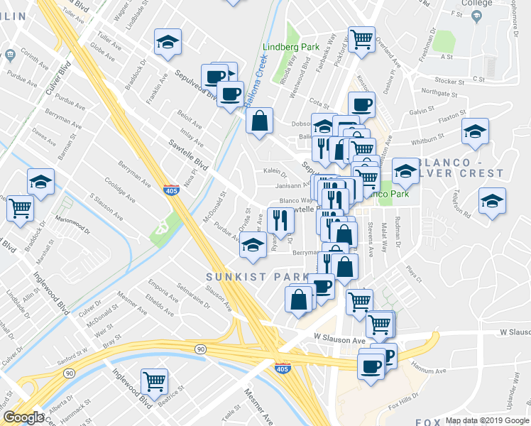 map of restaurants, bars, coffee shops, grocery stores, and more near 11213 Ryandale Drive in Culver City