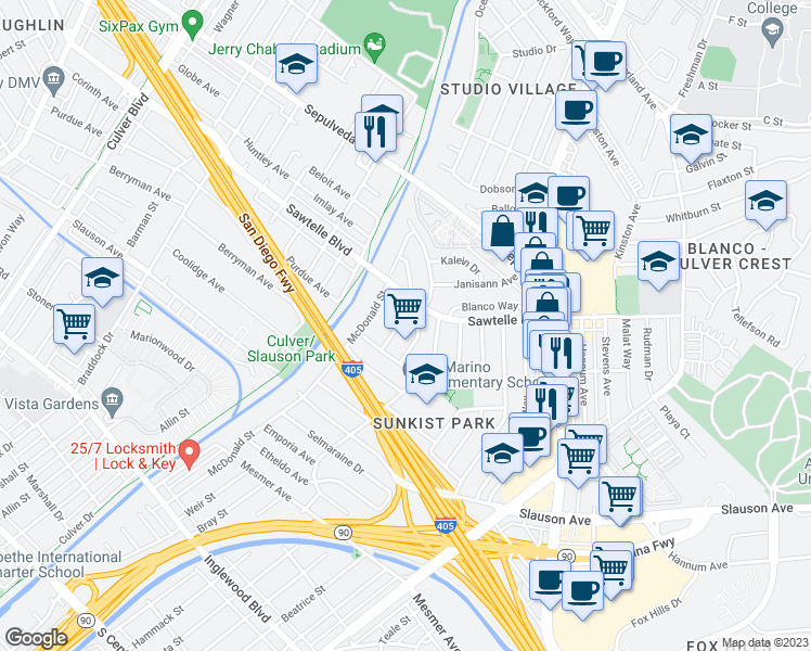map of restaurants, bars, coffee shops, grocery stores, and more near 11220 Woolford Street in Culver City