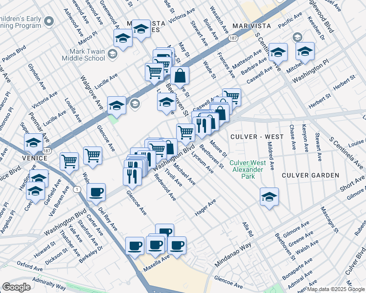 map of restaurants, bars, coffee shops, grocery stores, and more near 13001 West Washington Boulevard in Los Angeles