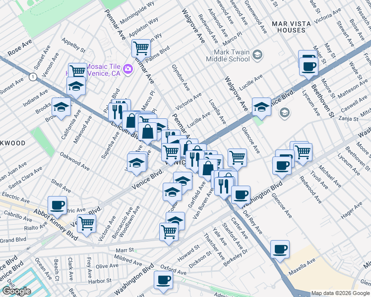 map of restaurants, bars, coffee shops, grocery stores, and more near in Los Angeles