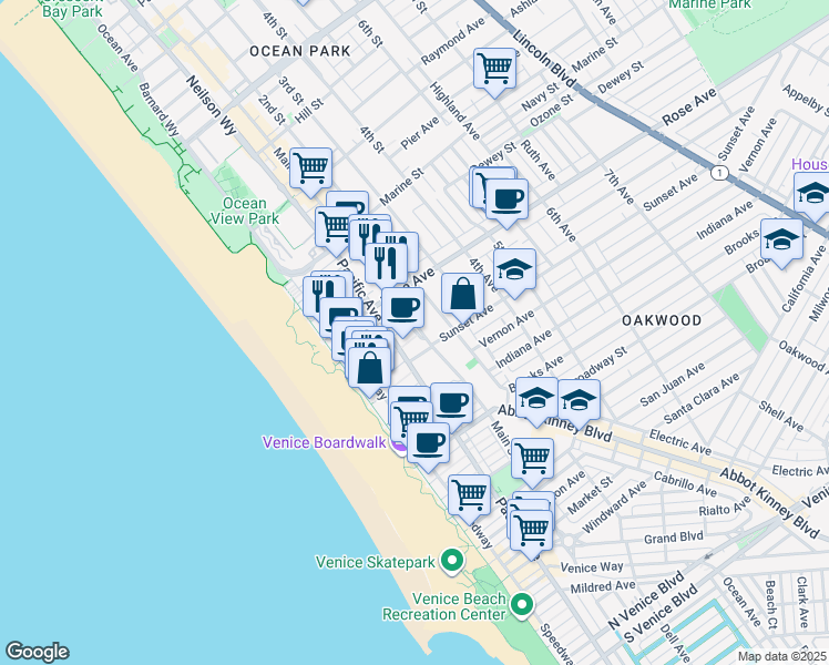 map of restaurants, bars, coffee shops, grocery stores, and more near 105 Paloma Avenue in Los Angeles