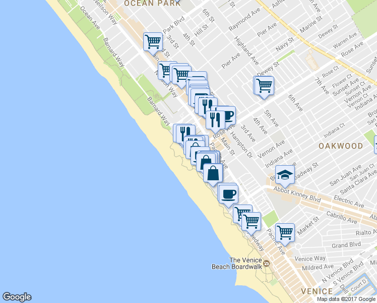 map of restaurants, bars, coffee shops, grocery stores, and more near 300 Ocean Front Walk in Los Angeles