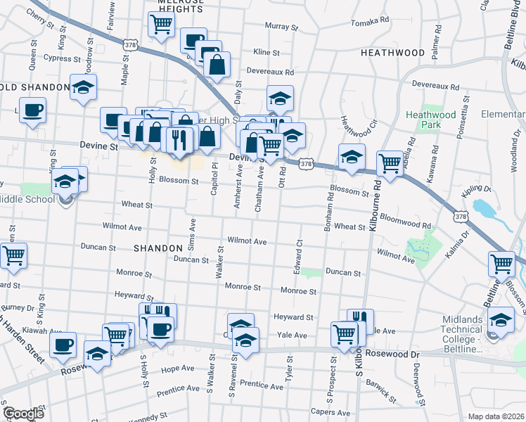 map of restaurants, bars, coffee shops, grocery stores, and more near 501 Ott Road in Columbia