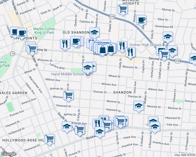 map of restaurants, bars, coffee shops, grocery stores, and more near 2725 Wilmot Avenue in Columbia
