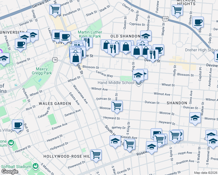 map of restaurants, bars, coffee shops, grocery stores, and more near 2426 Wilmot Avenue in Columbia