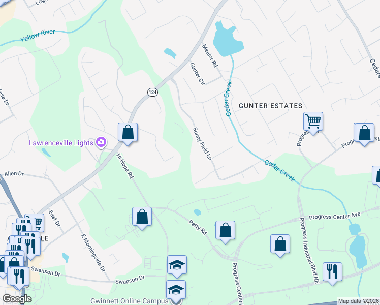 map of restaurants, bars, coffee shops, grocery stores, and more near 985 Pinbrook Drive in Lawrenceville