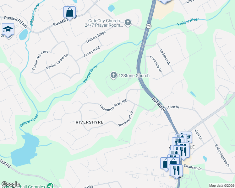 map of restaurants, bars, coffee shops, grocery stores, and more near 1237 Stoneshyre Court in Lawrenceville