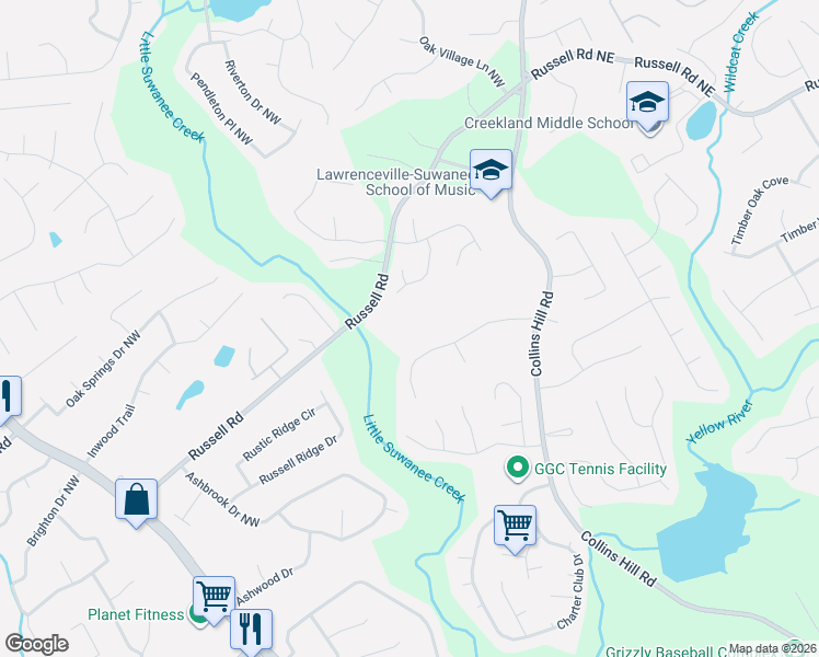 map of restaurants, bars, coffee shops, grocery stores, and more near 233 Crystal River Drive in Lawrenceville