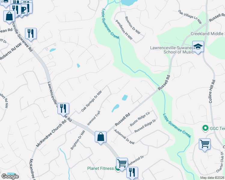 map of restaurants, bars, coffee shops, grocery stores, and more near 401 Inwood Trail in Lawrenceville