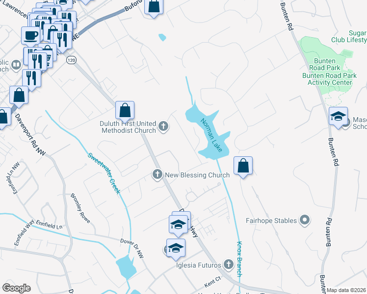 map of restaurants, bars, coffee shops, grocery stores, and more near 3151 Norman Circle Northwest in Duluth