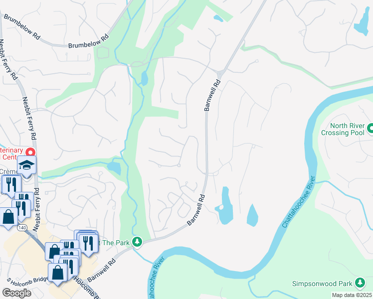 map of restaurants, bars, coffee shops, grocery stores, and more near 110 Fairway Ridge Drive in Alpharetta