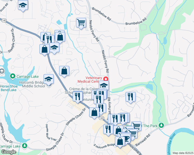 map of restaurants, bars, coffee shops, grocery stores, and more near 2895 Shurburne Drive in Alpharetta