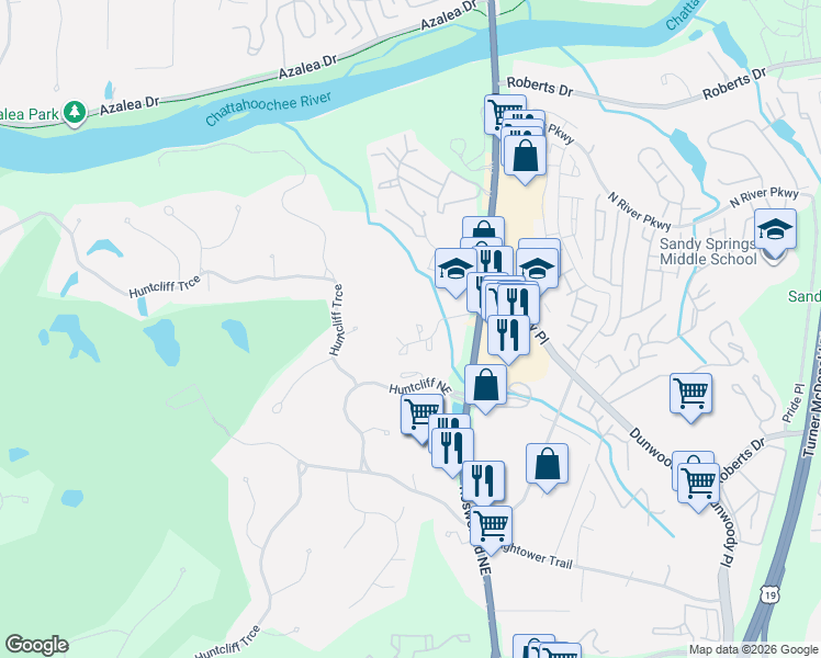map of restaurants, bars, coffee shops, grocery stores, and more near 8740 Roswell Road in Sandy Springs